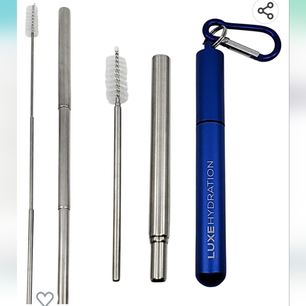 LUXE HYDRATION Telescopic Metal Straw Silver Blue Key Chain Case Reusable NWT